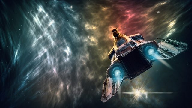 科幻题材示意图，深蓝色宇宙背景下飞船轮廓与星云流光，冷色调画面科技感十足